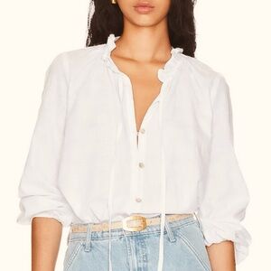 SHOW ME YOUR MUMU Alicia Button Up Shirt White Blouse Ruffle Neck Top w Tassels